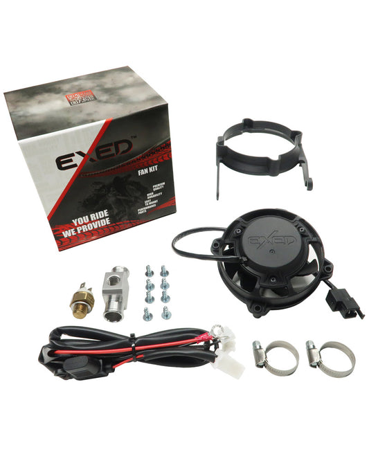 Exed Parts™ – Kit with Exed Radiator Fan and Mounting Bracket for KTM and HUSQVARNA, with Thermoswitch, 2017 to 2023, 2 & 4 stroke