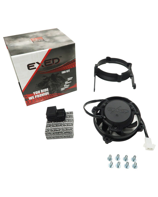 Exed Parts™ – Kit with Exed Radiator Fan and Mounting Bracket for KTM and HUSQVARNA TPI, with Relay, 2017 to 2023, 2+4 Stroke