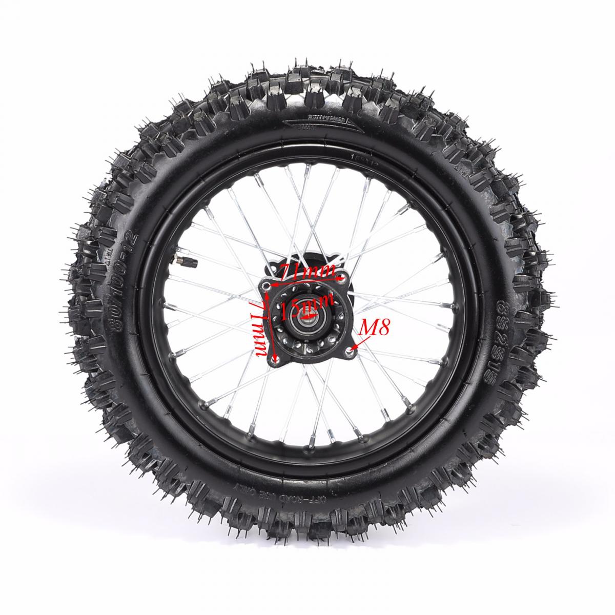 REAR WHEEL 12 PIT BIKE 15MM AXLE, 12-80/100