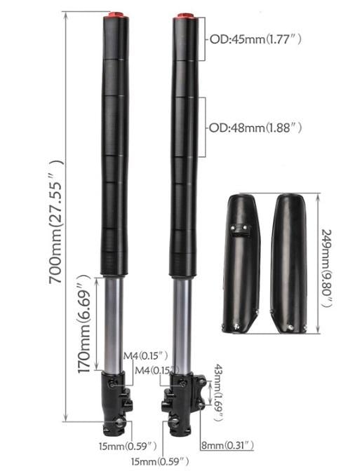 PIT BIKE FORKS 45/48MM UNIVERSAL, 15MM SPINDLE, 700MM