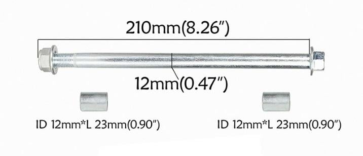 12MM PITBIKE WHEEL SPINDLE 210MM, PITBIKE, OFF ROAD, DIRT, WITH 12MM & 12MM SPACERS