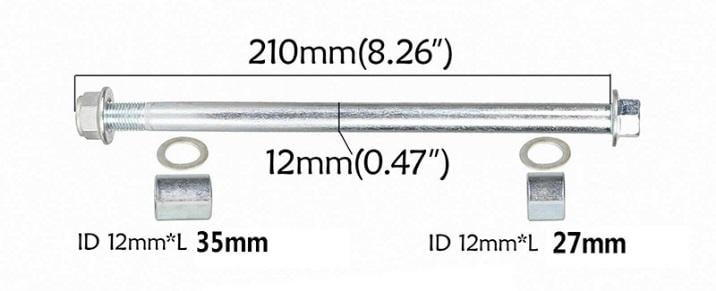 12MM PITBIKE WHEEL SPINDLE 210MM, PITBIKE, OFF ROAD, DIRT, WITH 12MM & 12MM SPACERS