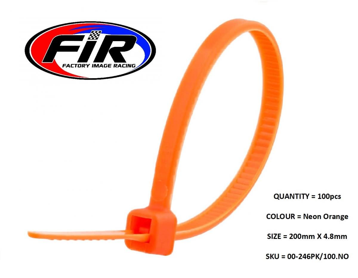 NYLON CABLE ZIP TIES - NEON ORANGE, 200mm x 4.8mm - PACK OF 100