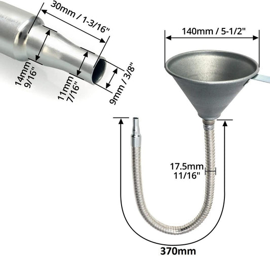METAL FLEXIBLE SHAFT FUNNEL, MESH FILTER / 370MM LONG / BENDABLE