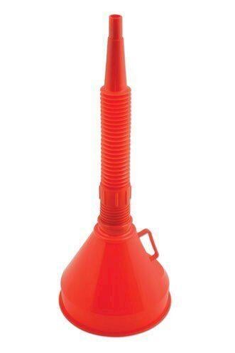 PLASTIC FLEXIBLE FUNNEL RED, 290MM LONG WITH FILTER MESH