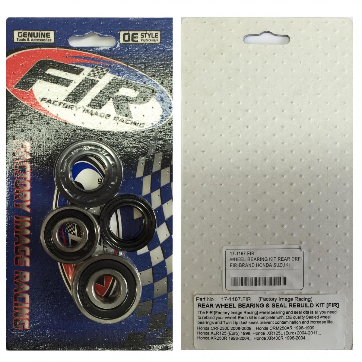 WHEEL BEARING KIT REAR CRF, HONDA SUZUKI, CRF230L 08-09, CRF230M 09, CRM250AR (NOT US MODEL) 96-99, XLR125 (Euro) 98, XR125L (Euro) 04-11, XR2