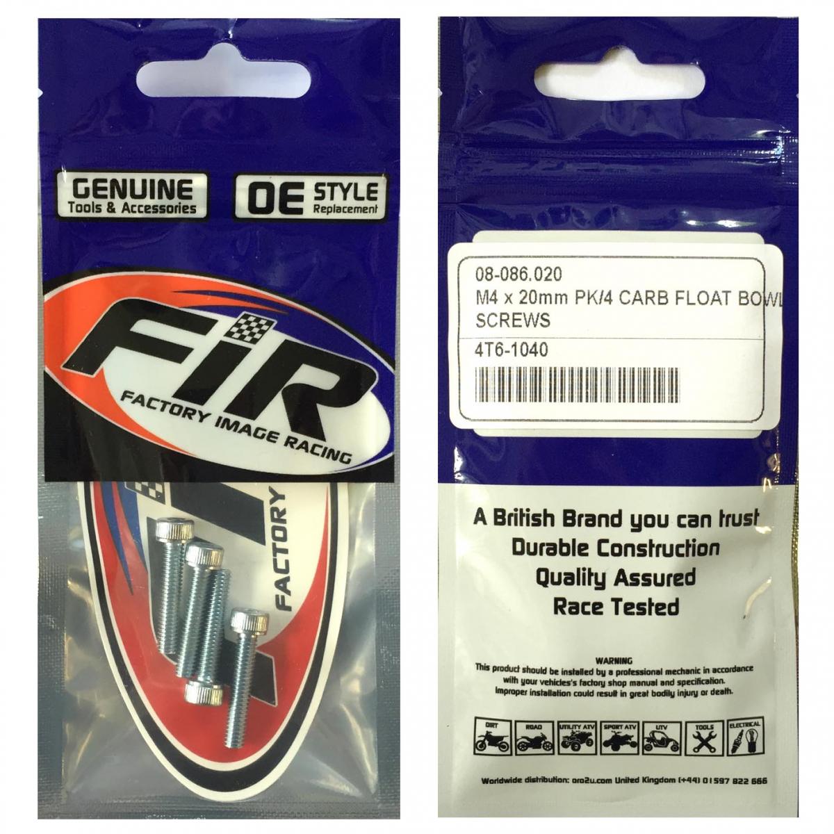 M4 x 20mm PK/4 CARB FLOAT BOWL, STEEL BZP SCREWS PACK OF 4, / RE 08-9640.020