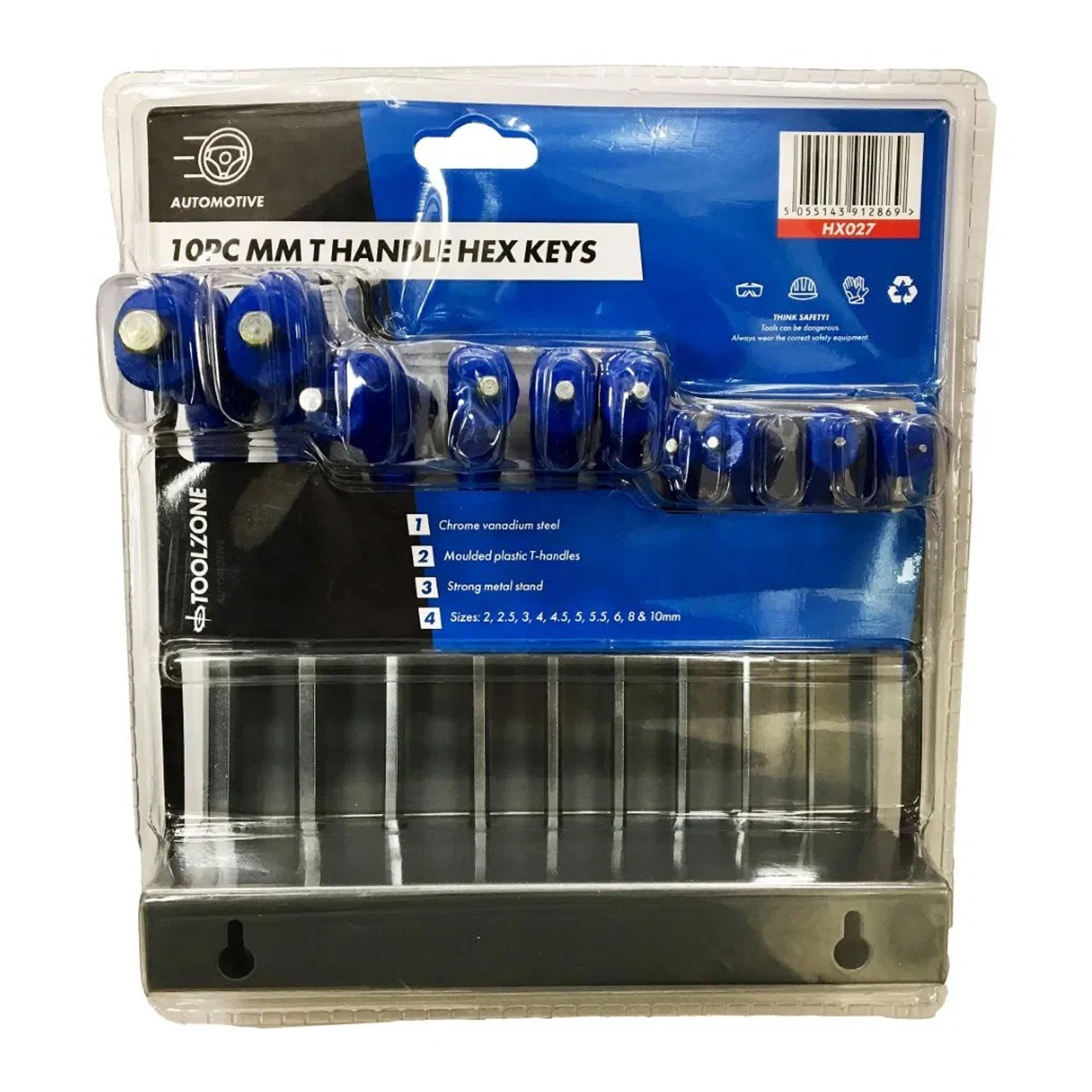 HEX KEY SET T HANDLE METRIC 10pc IN RACK CHROME VANADIUM - TOOLZONE KDPHX027
