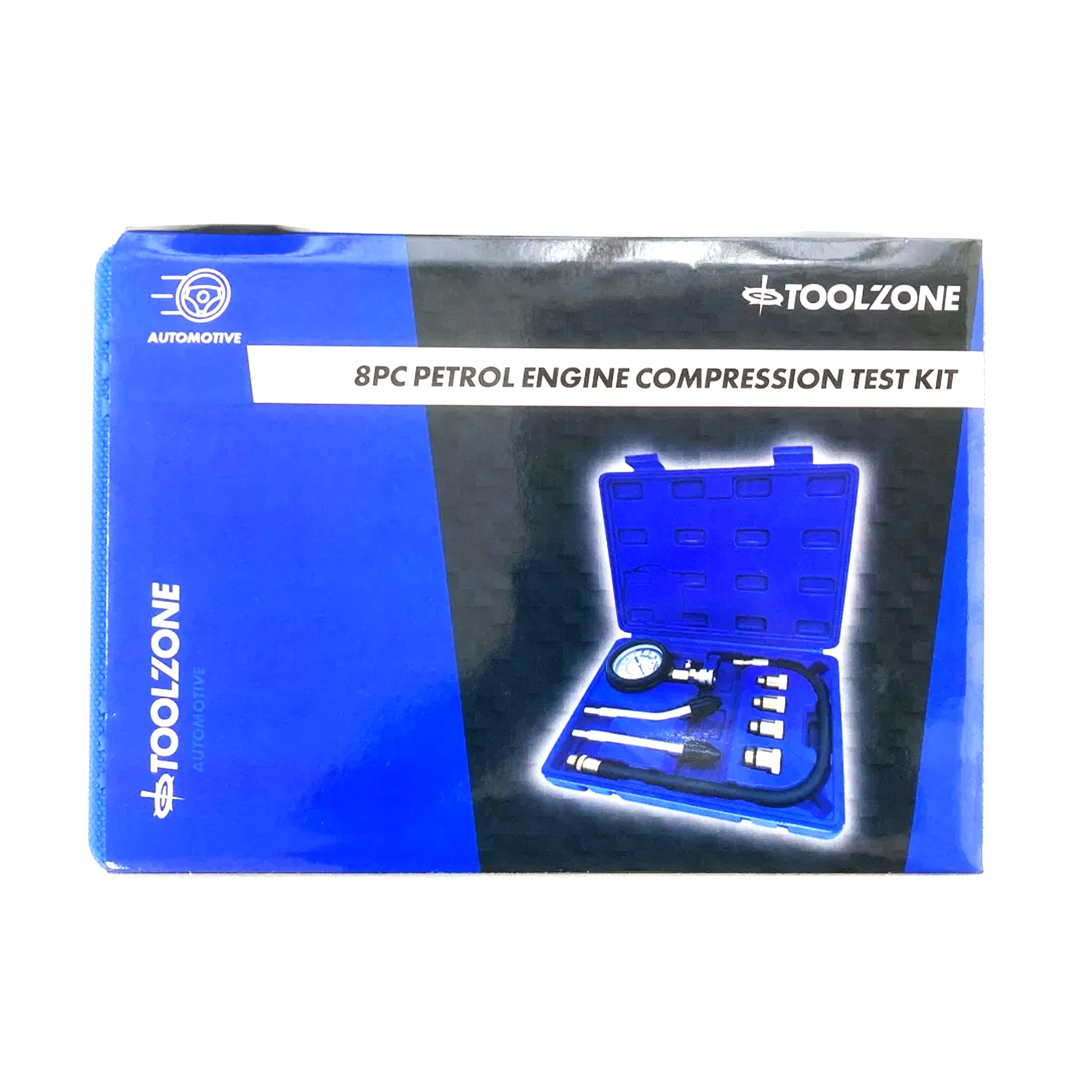 PETROL COMPRESSION TEST KIT 8pc 63mm GAUGE UP TO 300 psi - TOOLZONE KDPAU343
