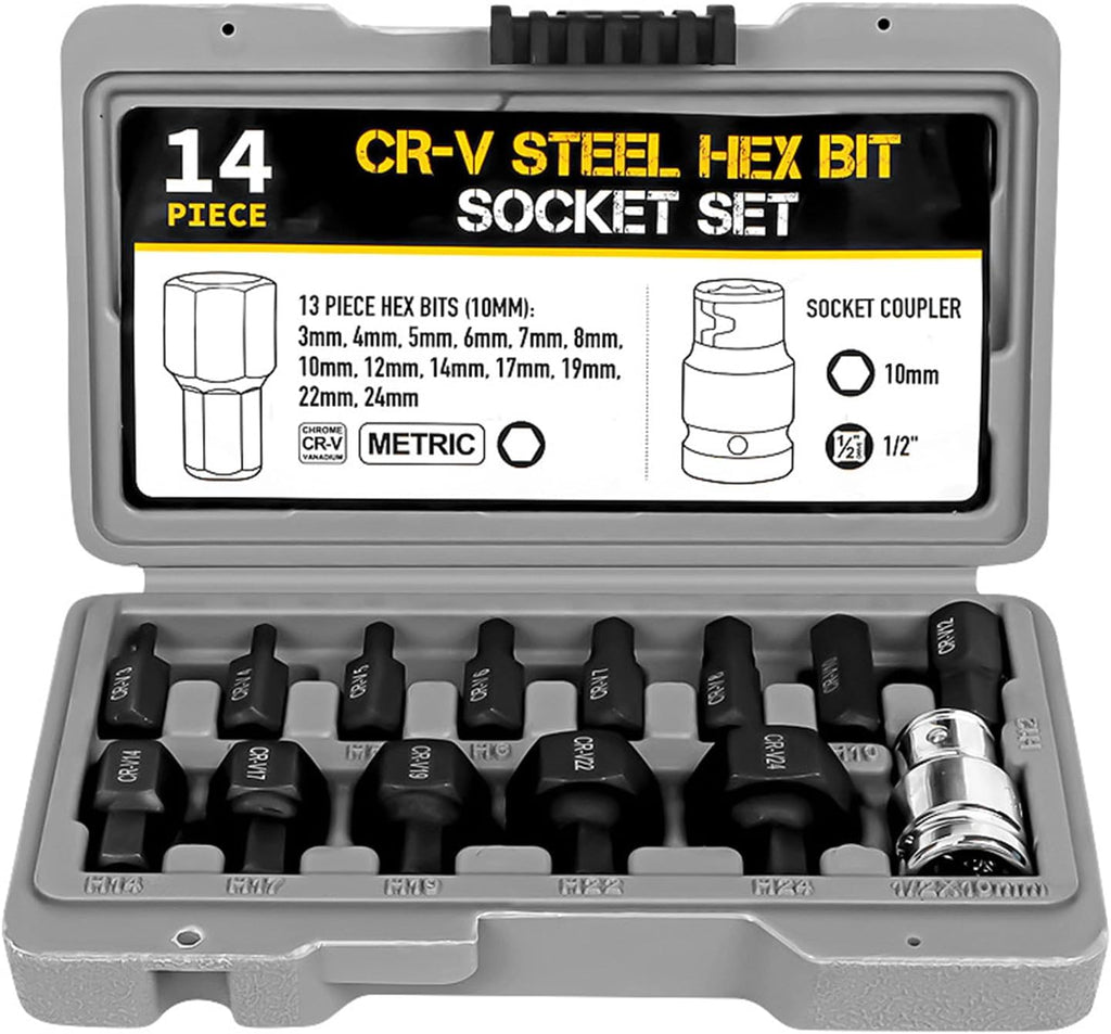 14-PIECE LOW PROFILE IMPACT SOCKET SET 1/2-INCH DRIVE ALLEN HEX WRENCH BITS