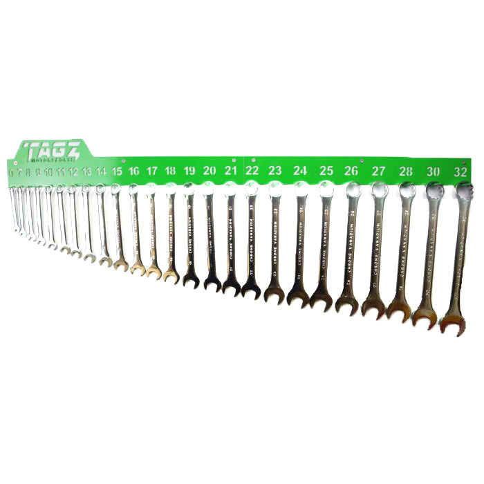 TAGZ SPANNER RACK GREEN, SUIT 25 SPANNERS 6mm-32mm, SPANNER ORGANISER