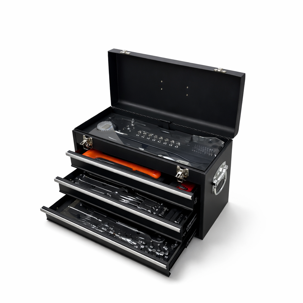 MOTO REPAIR TOOL BOX CHEST 3 DRAWERS WITH 129 TOOLS IN FOAM CUT OUTS