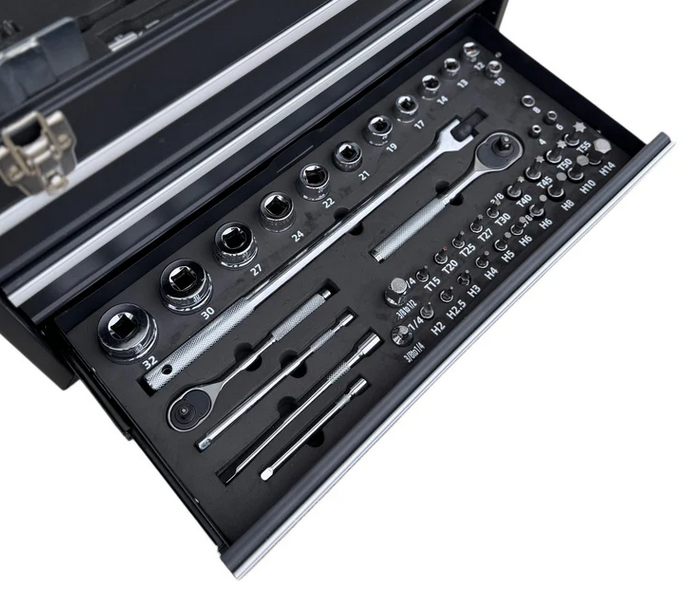 MOTO REPAIR TOOL BOX CHEST 3 DRAWERS WITH 129 TOOLS IN FOAM CUT OUTS