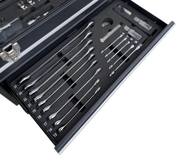 MOTO REPAIR TOOL BOX CHEST 3 DRAWERS WITH 129 TOOLS IN FOAM CUT OUTS