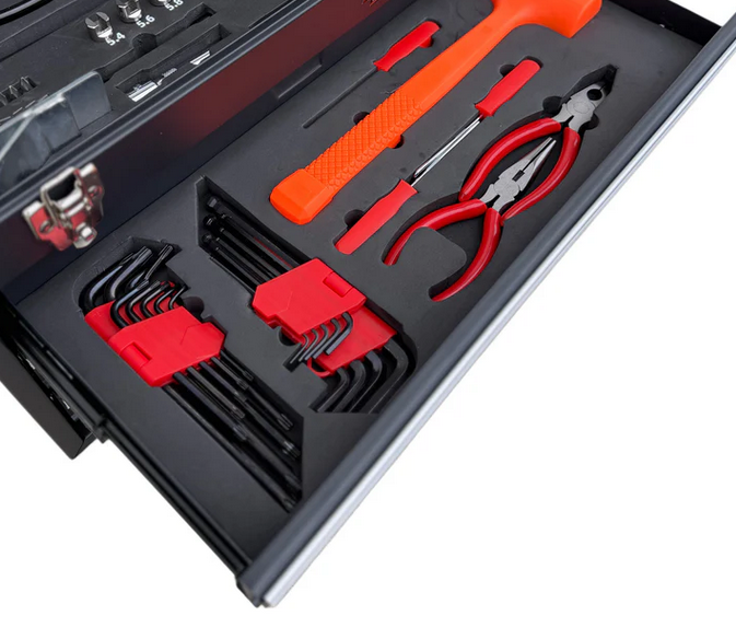 MOTO REPAIR TOOL BOX CHEST 3 DRAWERS WITH 129 TOOLS IN FOAM CUT OUTS