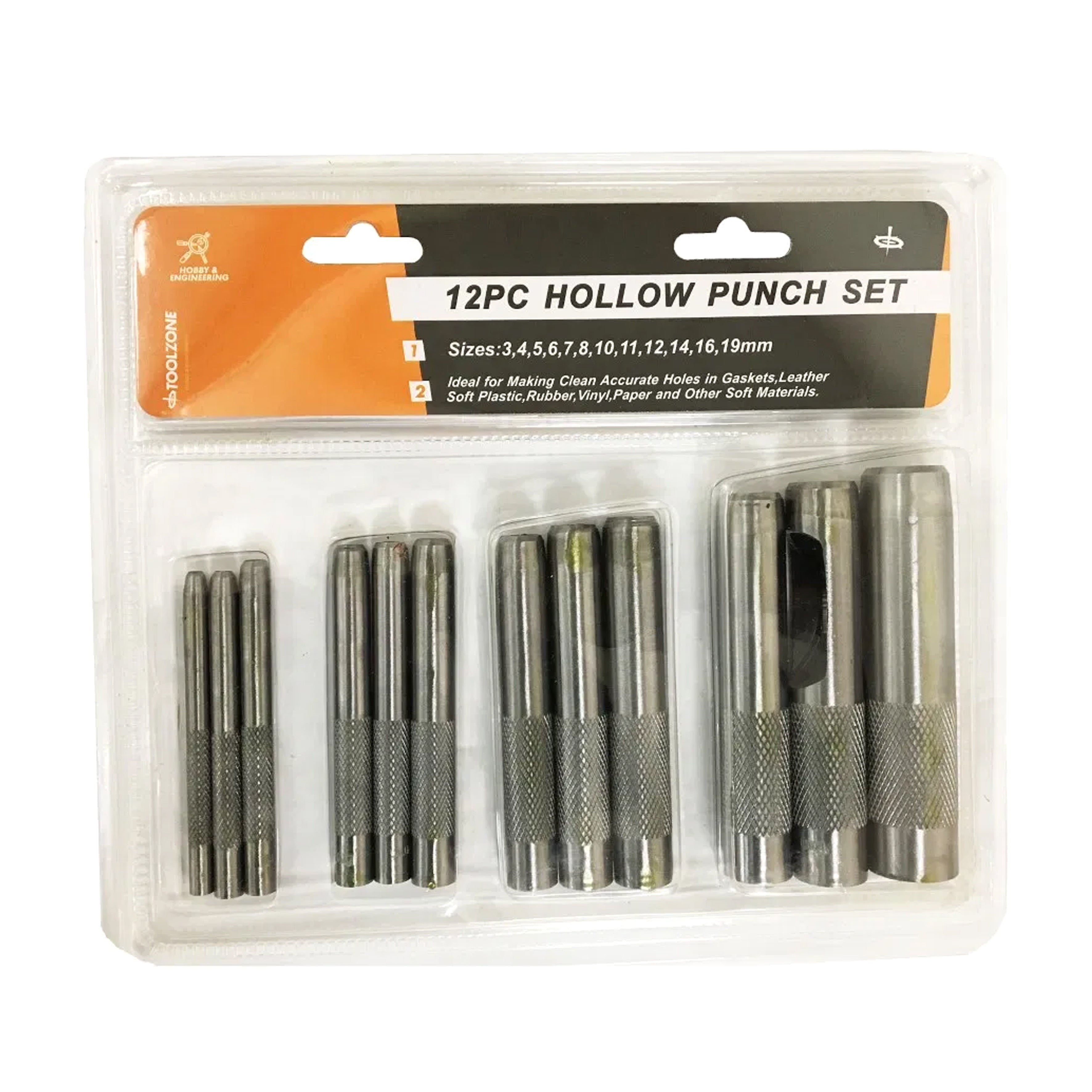 HOLLOW PUNCH SET 12PC 3mm TO 19mm HIGH CARBON STEEL - TOOLZONE KDPPN104