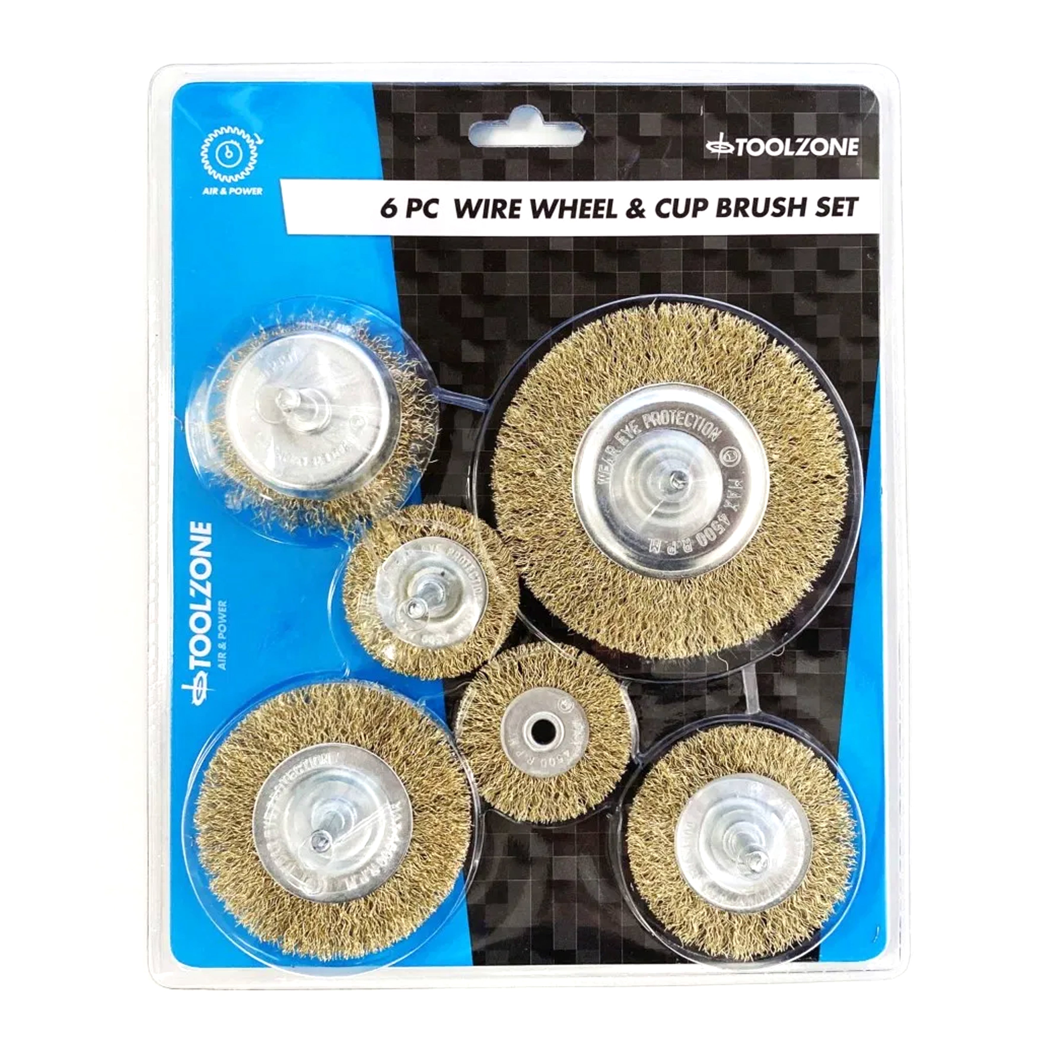 ROTARY WIRE WHEEL AND CUP BRUSH SET 6 PIECE 38/50/63/75mm 6mm SHANK - TOOLZONE KDPPA083