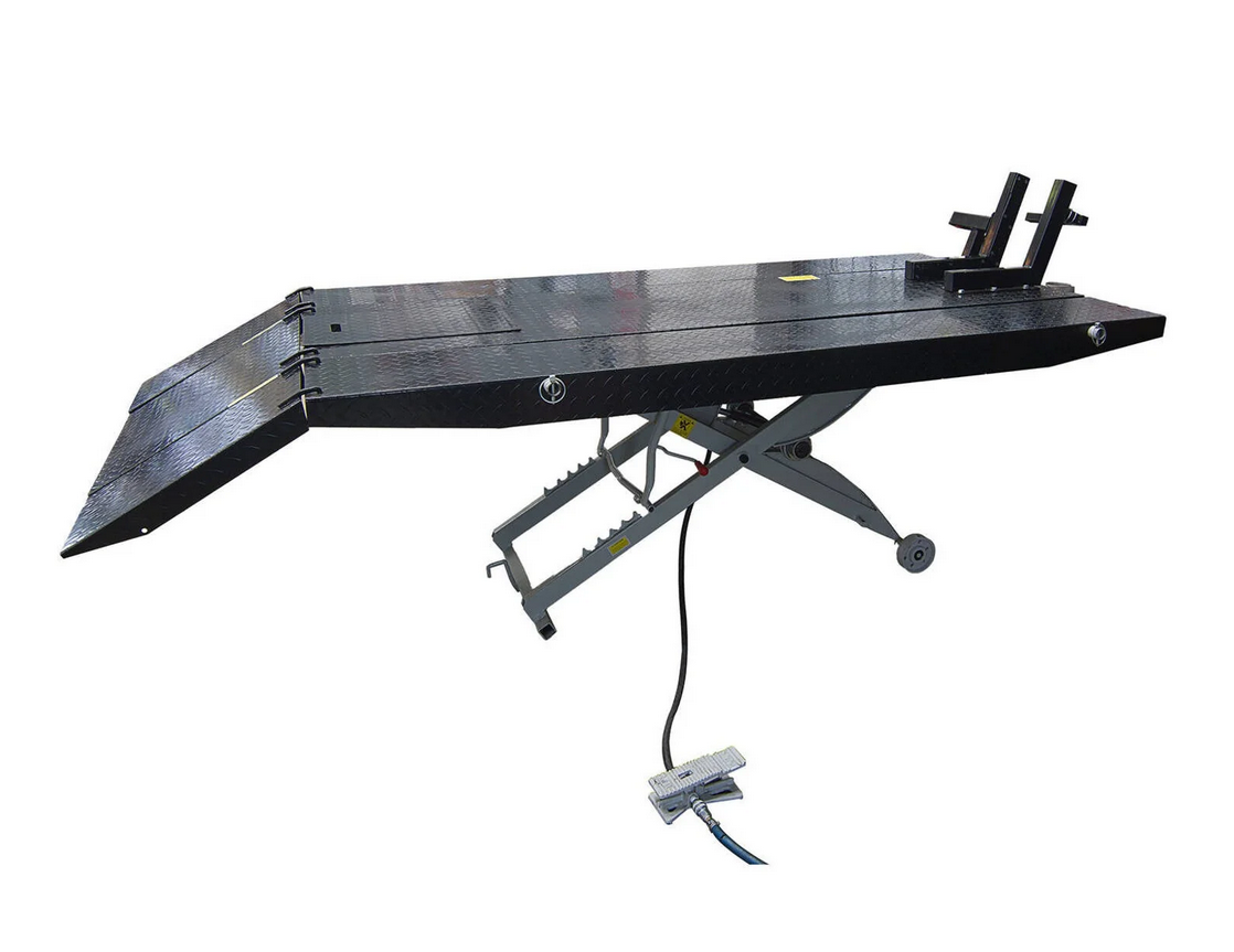 HEAVY DUTY 700KG MOTORCYCLE AND ATV WORKSHOP AIR LIFT WITH REMOVABLE SIDE EXTENSIONS