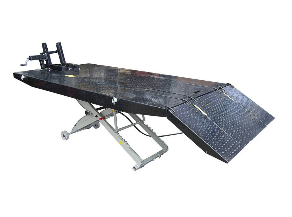 HEAVY DUTY 700KG MOTORCYCLE AND ATV WORKSHOP AIR LIFT WITH REMOVABLE SIDE EXTENSIONS