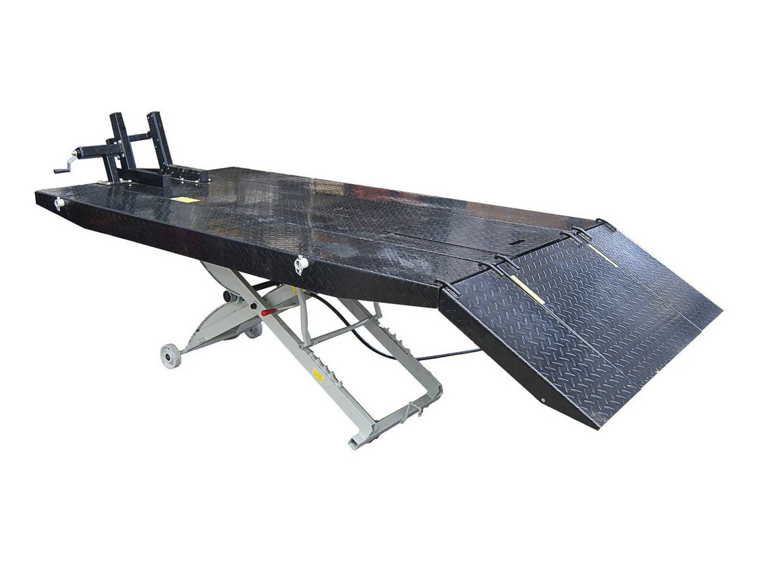 HEAVY DUTY 700KG MOTORCYCLE AND ATV WORKSHOP AIR LIFT WITH REMOVABLE SIDE EXTENSIONS