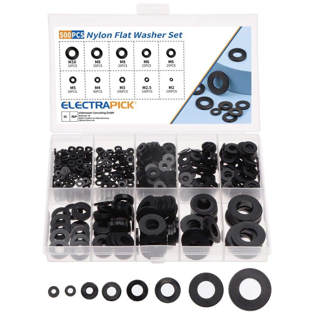 500Pcs NYLON FLAT WASHERS ASSORTMENT KIT 8 SIZES M2 M2.5 M3 M4 M5 M6 M8 M10