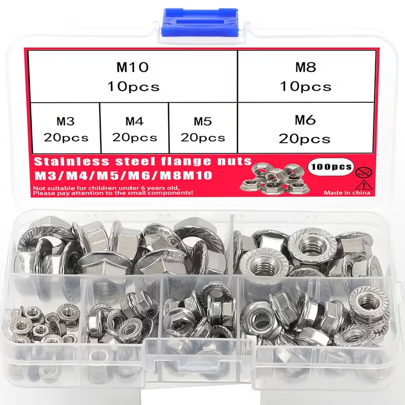ASSORTED 100PCS FLANGE LOCK NUT ASSORTMENT STAINLESS STEEL TOOTHED HEX M3 M4 M5 M6 M8 M10