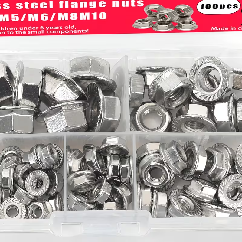 ASSORTED 100PCS FLANGE LOCK NUT ASSORTMENT STAINLESS STEEL TOOTHED HEX M3 M4 M5 M6 M8 M10