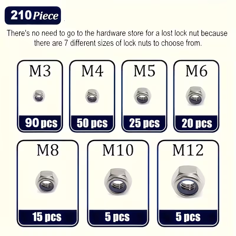 ASSORTED 210PCS LOCK NUT PACK NYLOC STAINLESS STEEL 3-12MM