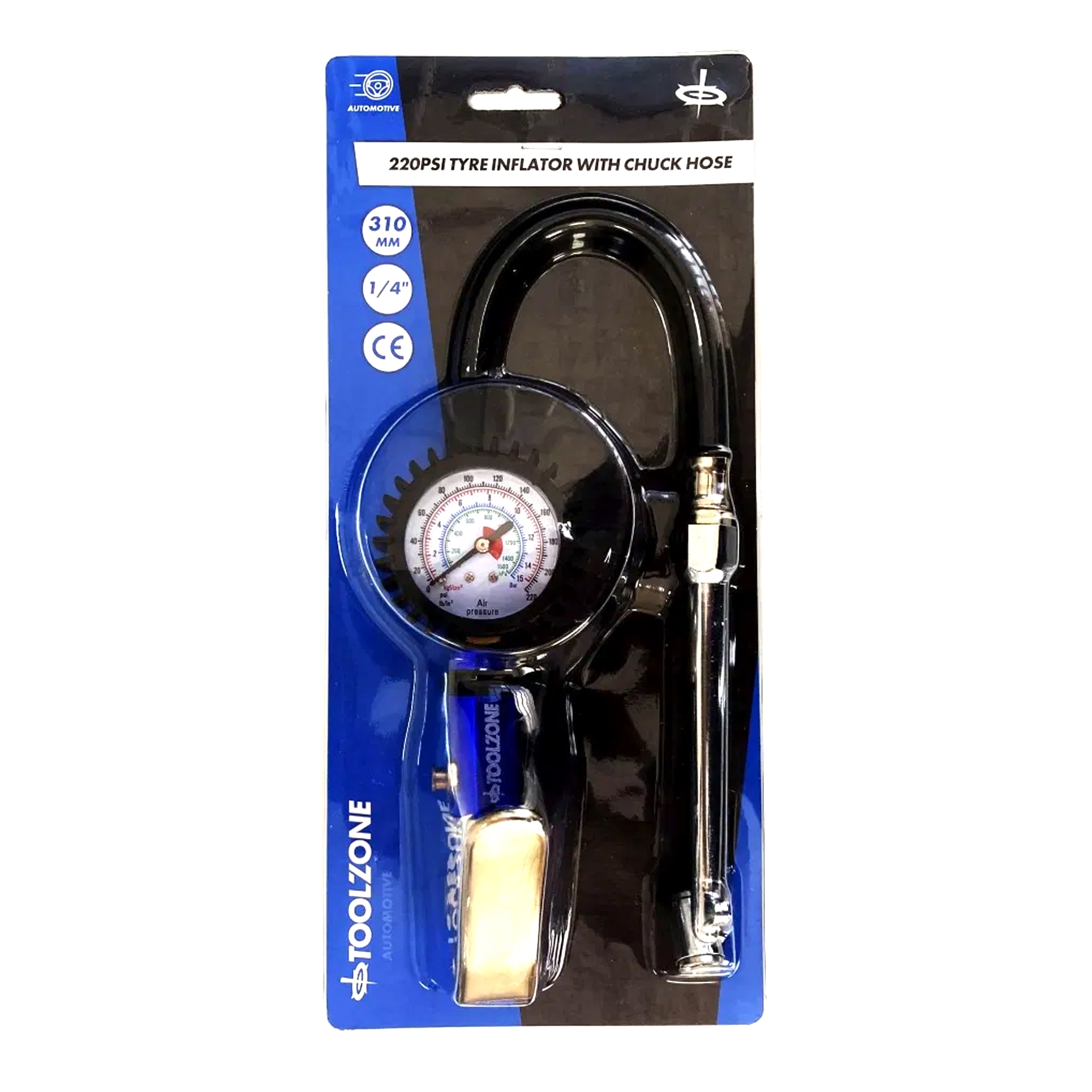 TYRE INFLATOR WITH CHUCK HOSE 220psi 1/4 AIR INLET 310mm HOSE - TOOLZONE KDPAU361