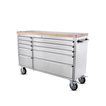 55 Stainless Steel Tool Chest Box 10 Drawers Solid Wooden Top
