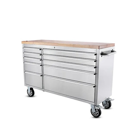 55 Stainless Steel Tool Chest Box 10 Drawers Solid Wooden Top