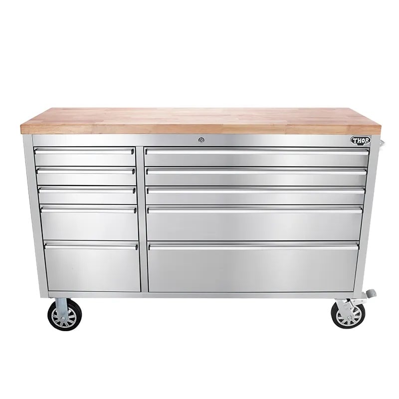 55 Stainless Steel Tool Chest Box 10 Drawers Solid Wooden Top