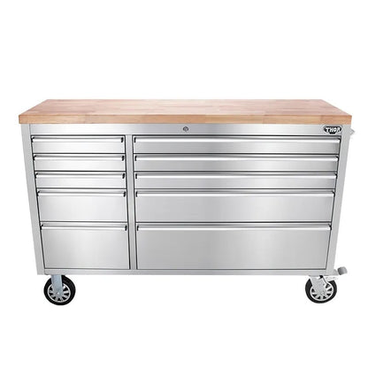 55 Stainless Steel Tool Chest Box 10 Drawers Solid Wooden Top