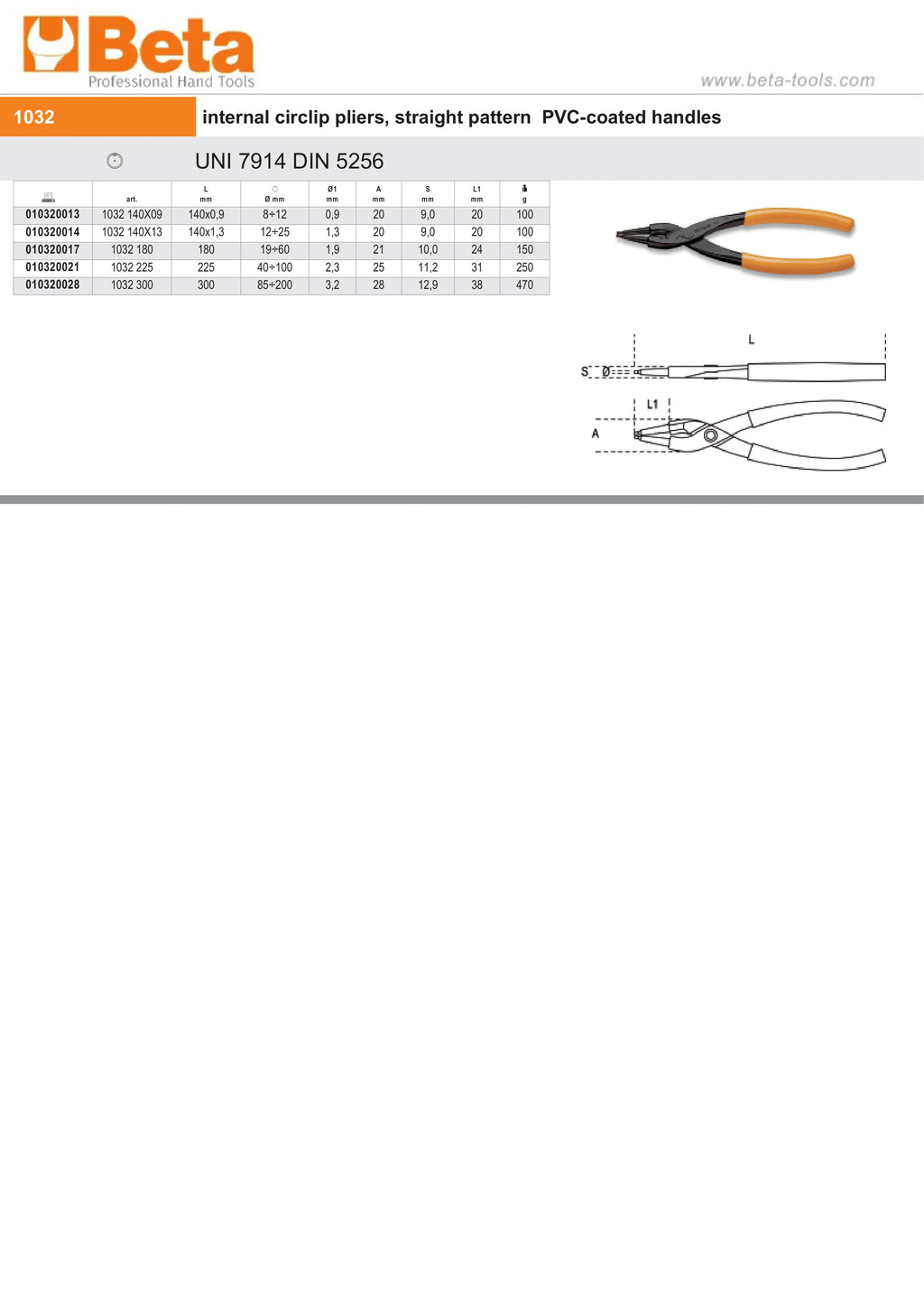 Internal Circlip Pliers Straight Pattern PVC Handles 140mm - Beta Tools 1032 140X09