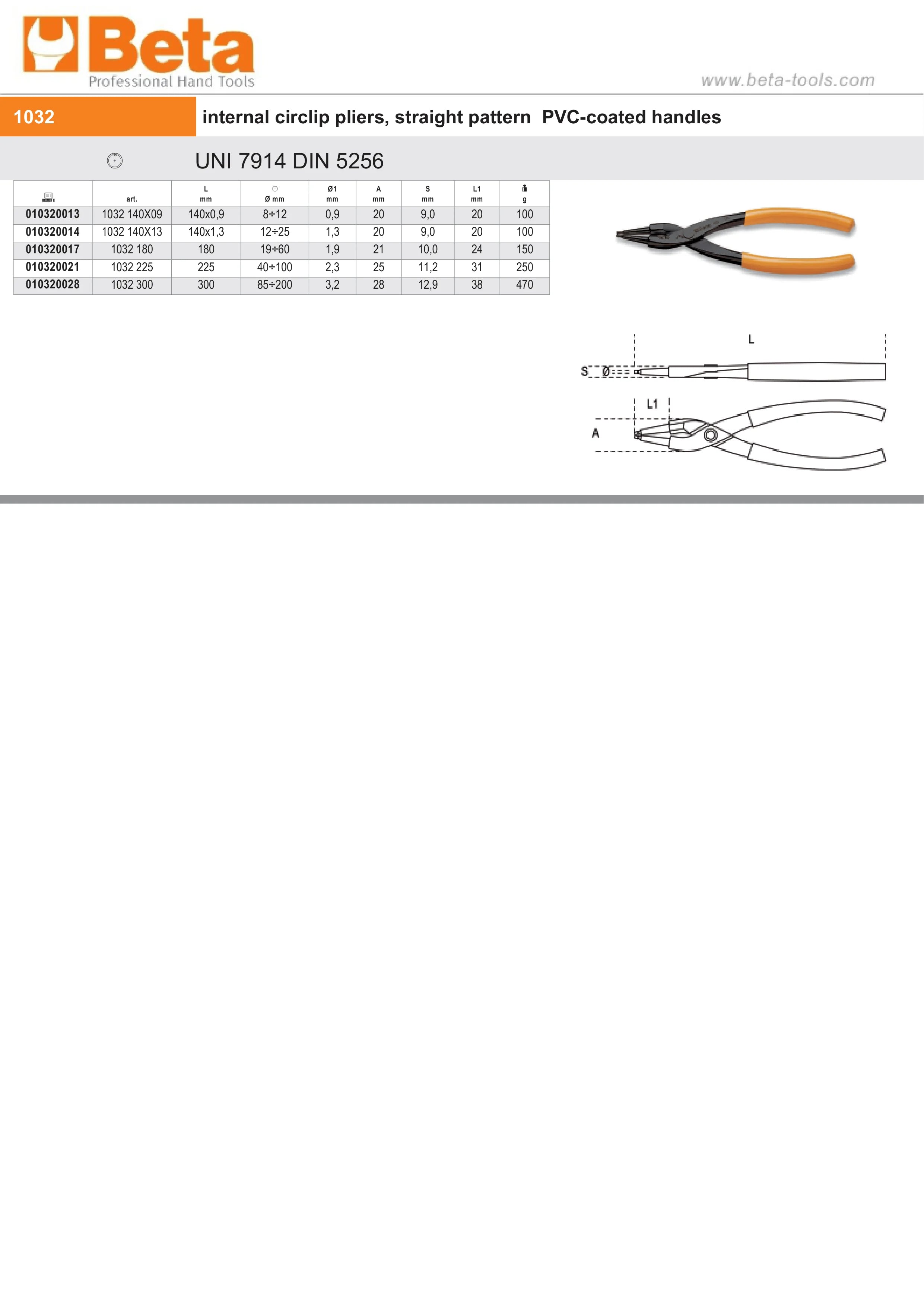 Internal Circlip Pliers Straight Pattern PVC Handles 140mm - Beta Tools 1032 140X09