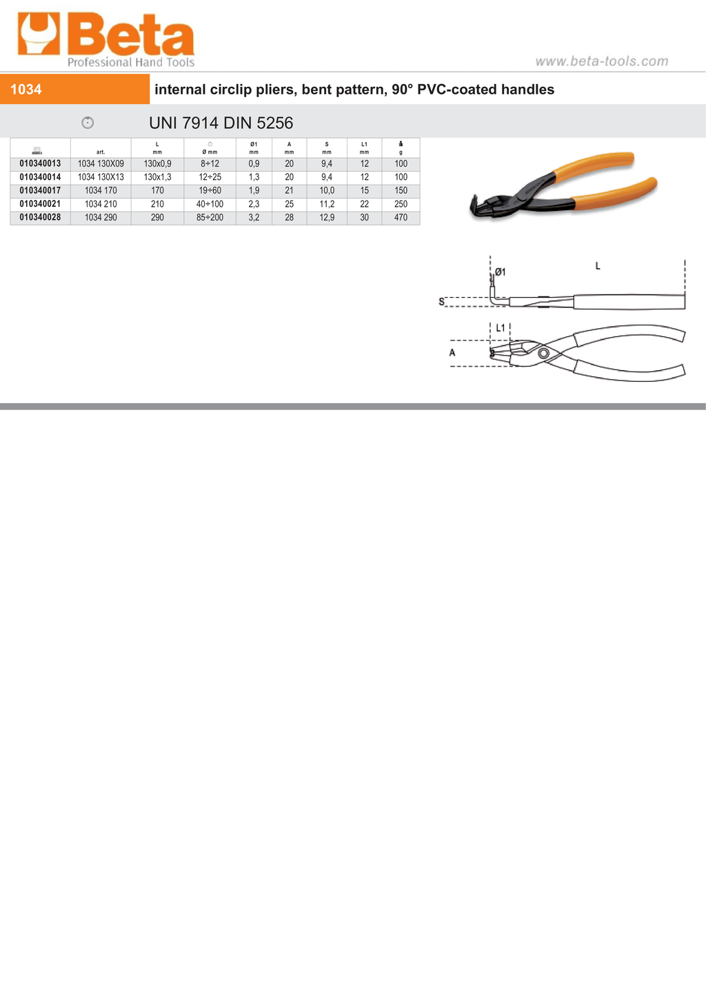 Internal Circlip Pliers Bent 90 Pattern PVC Handles 170mm - Beta Tools 1034 170