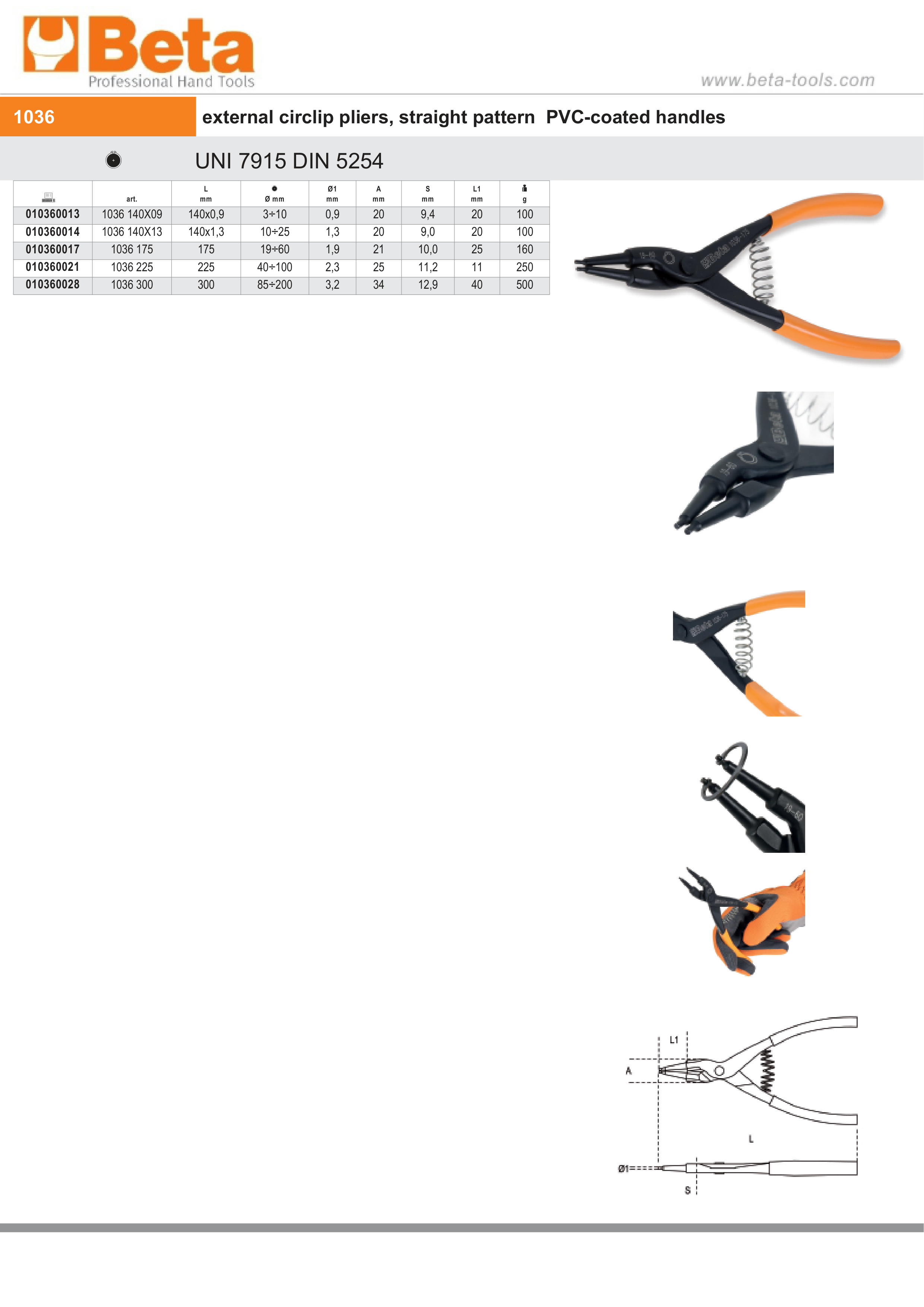 External Circlip Pliers Straight Pattern PVC Handles 175mm - Beta Tools 1036 175