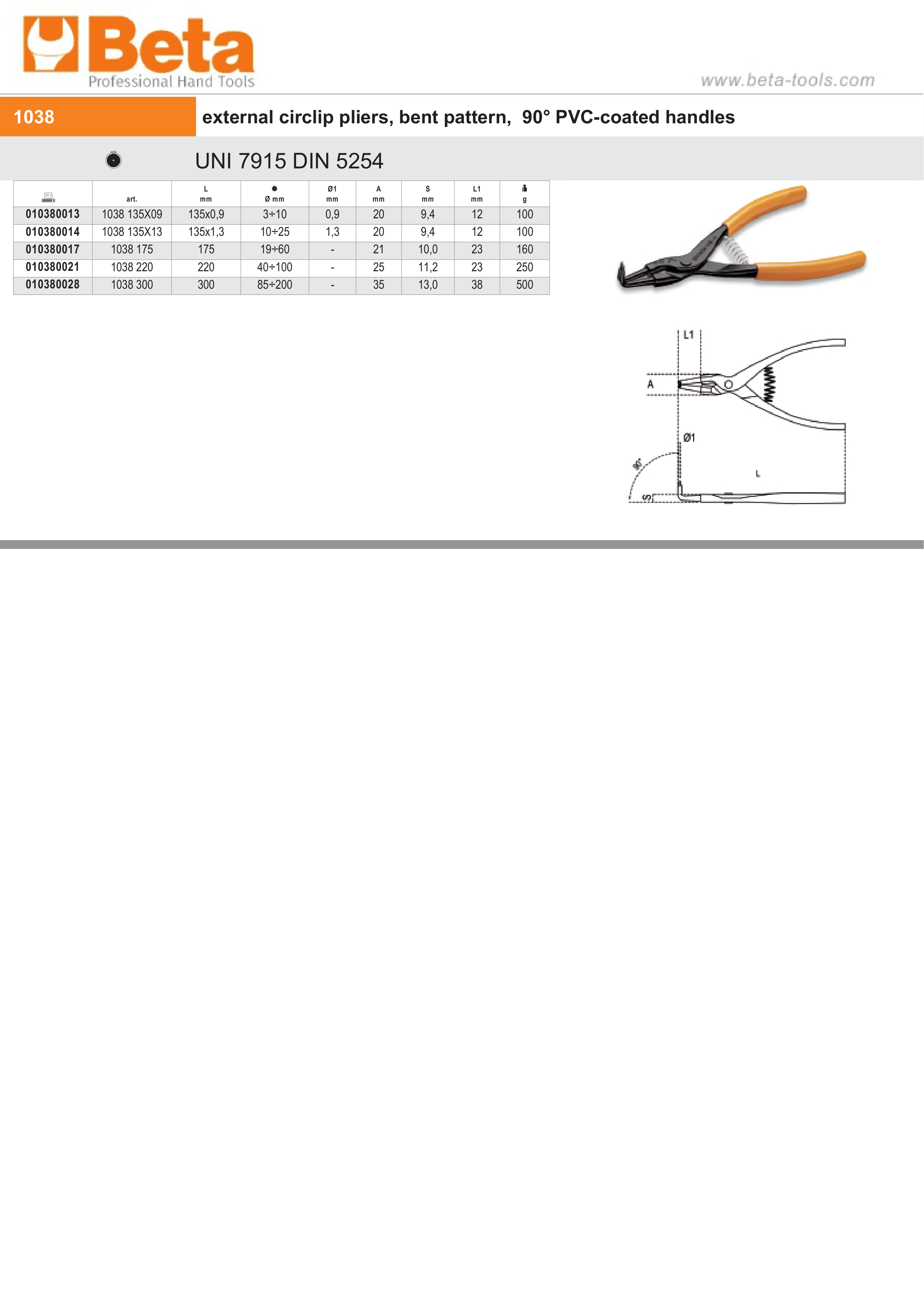 External Circlip Pliers Bent 90 PVC Handles 175mm - Beta Tools 1038 175