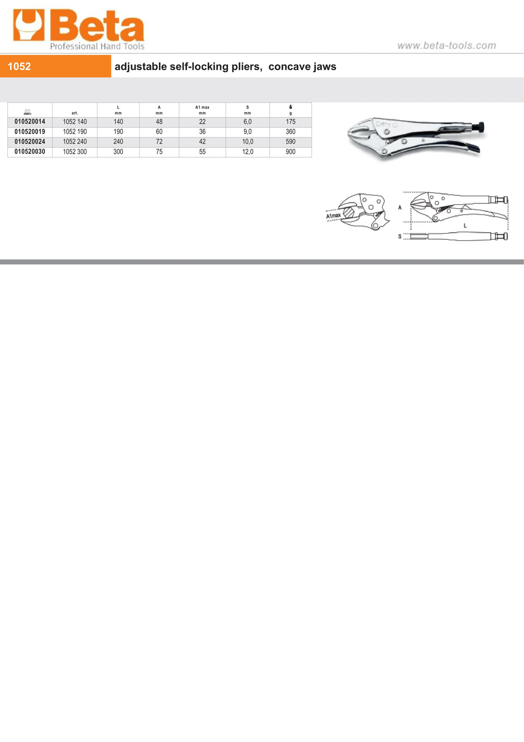 Adjustable Self-Locking Pliers Concave Jaws 240mm - Beta Tools 1052 240
