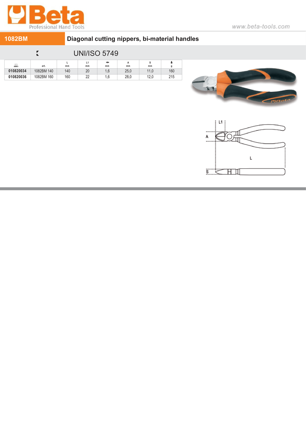 Diagonal Cutting Nippers Bi-Material Handles 160mm - Beta Tools 1082BM 160