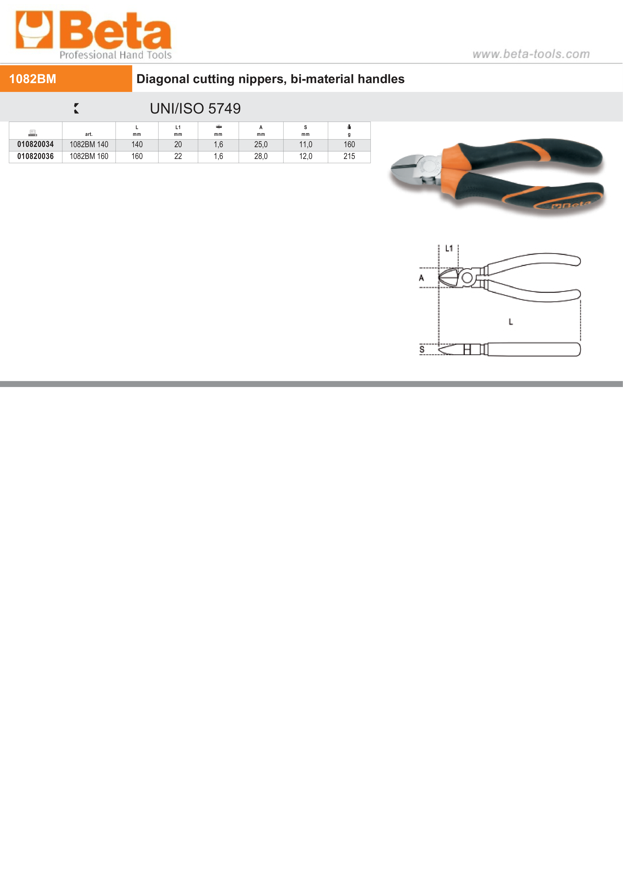 Diagonal Cutting Nippers Bi-Material Handles 160mm - Beta Tools 1082BM 160