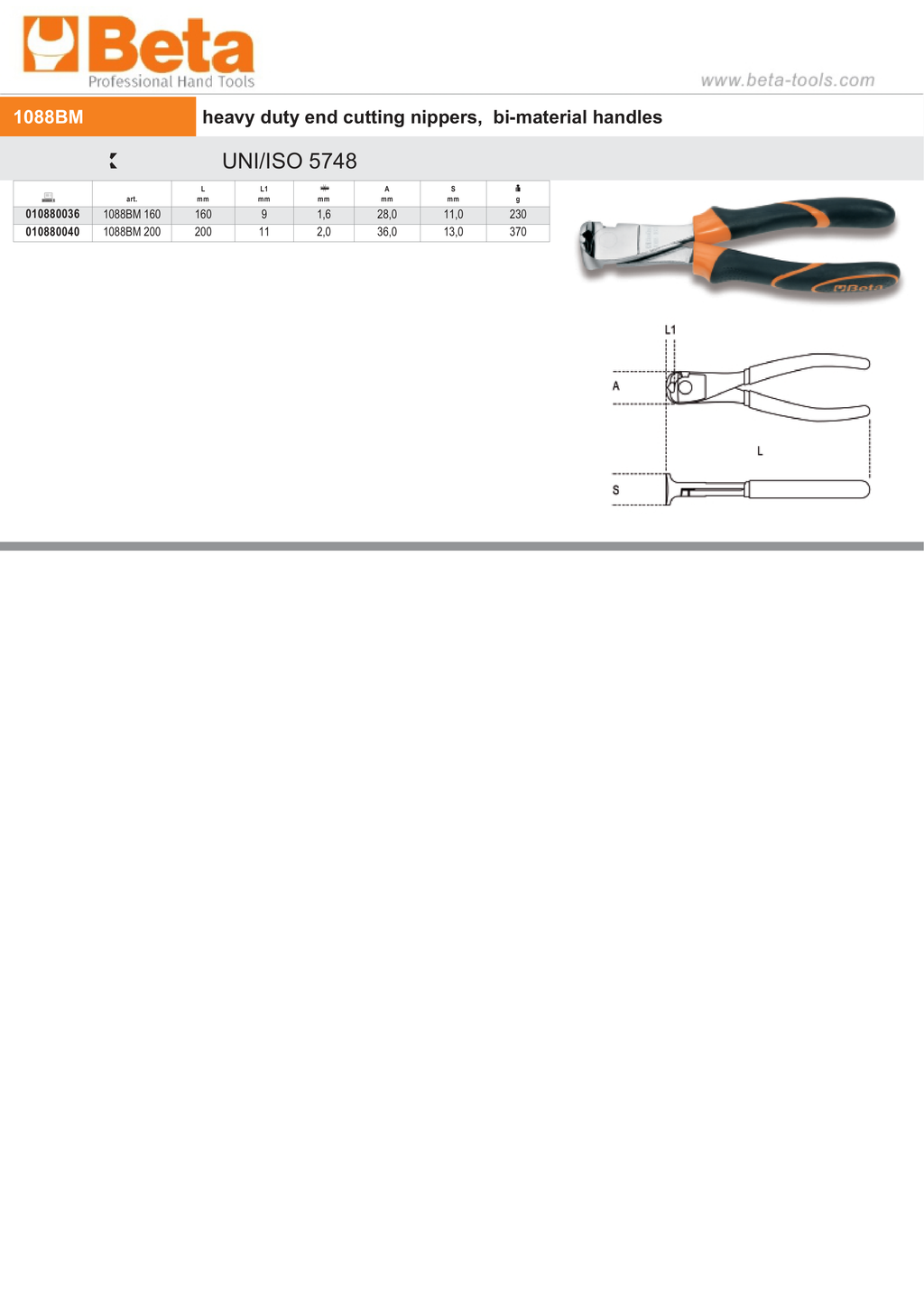 Heavy Duty End Cutting Nippers Bi-Material Handles 160mm - Beta Tools 1088BM 160