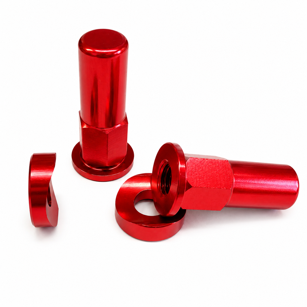 RIM LOCK & NUT SPACER SET OF 2 RED ANODISED ALUMINIUM