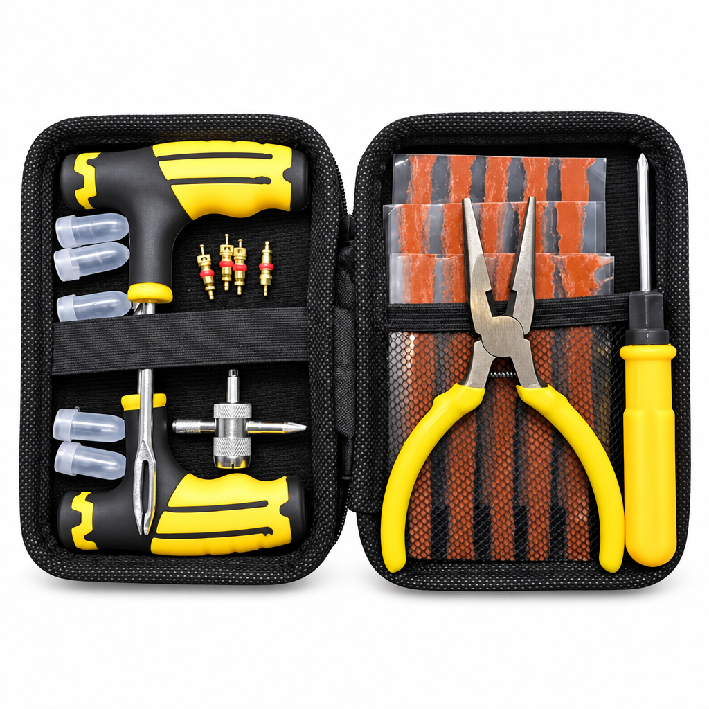 UNIVERSAL TUBELESS TYRE REPAIR KIT T-HANDLE PLIERS VALVE CORE TOOL STORAGE CASE