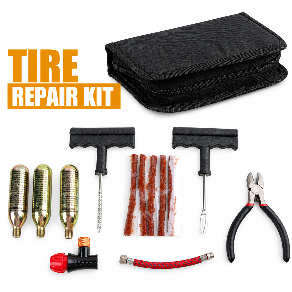 TUBELESS TYRE PUNCTURE REPAIR + INFLATOR KIT WITH 3 x 16g Co2 CARTRIDGES