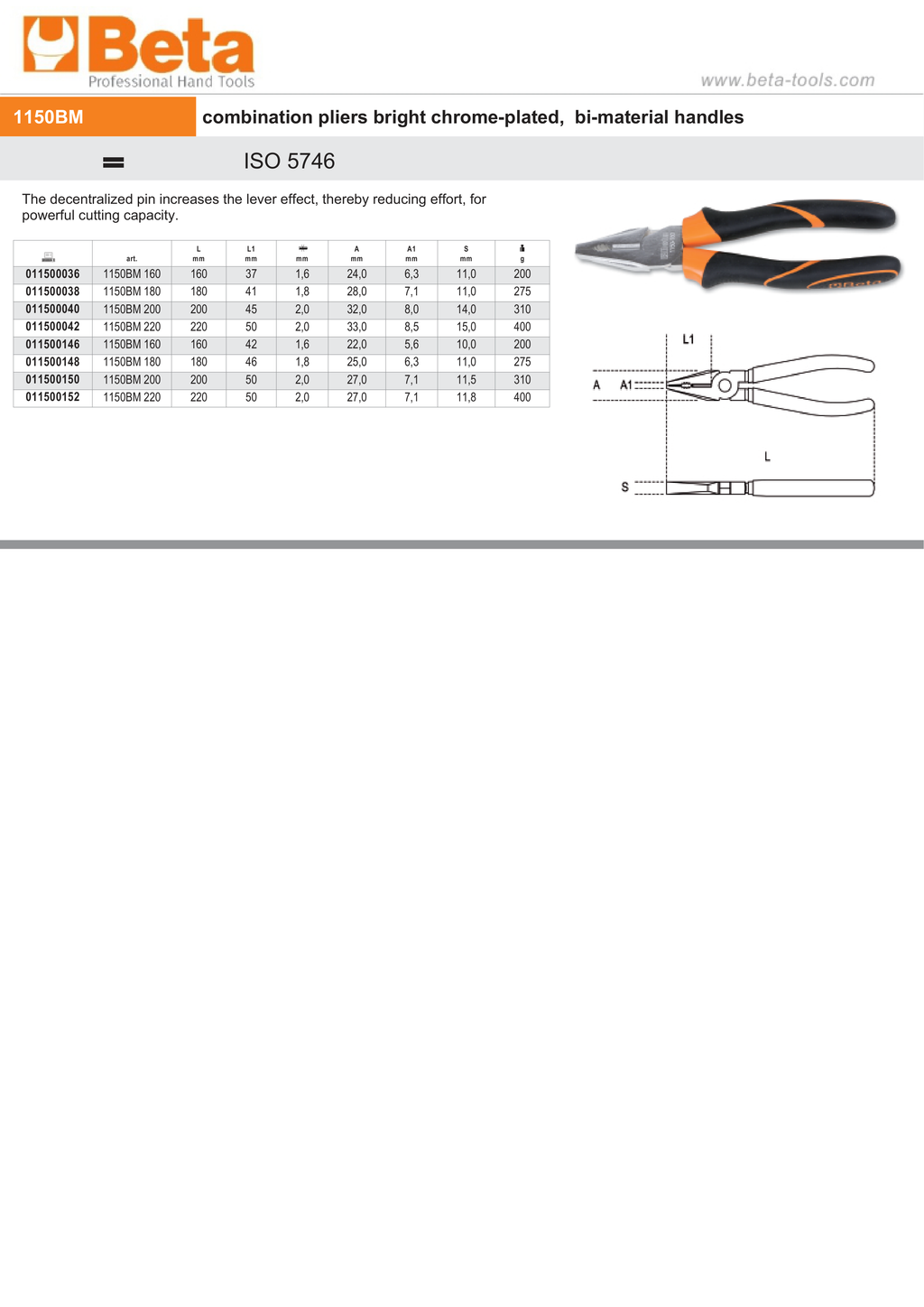 Combination Pliers Chrome-Plated with Bi-Material Handles 200mm Length - Beta Tools 1150BM 200