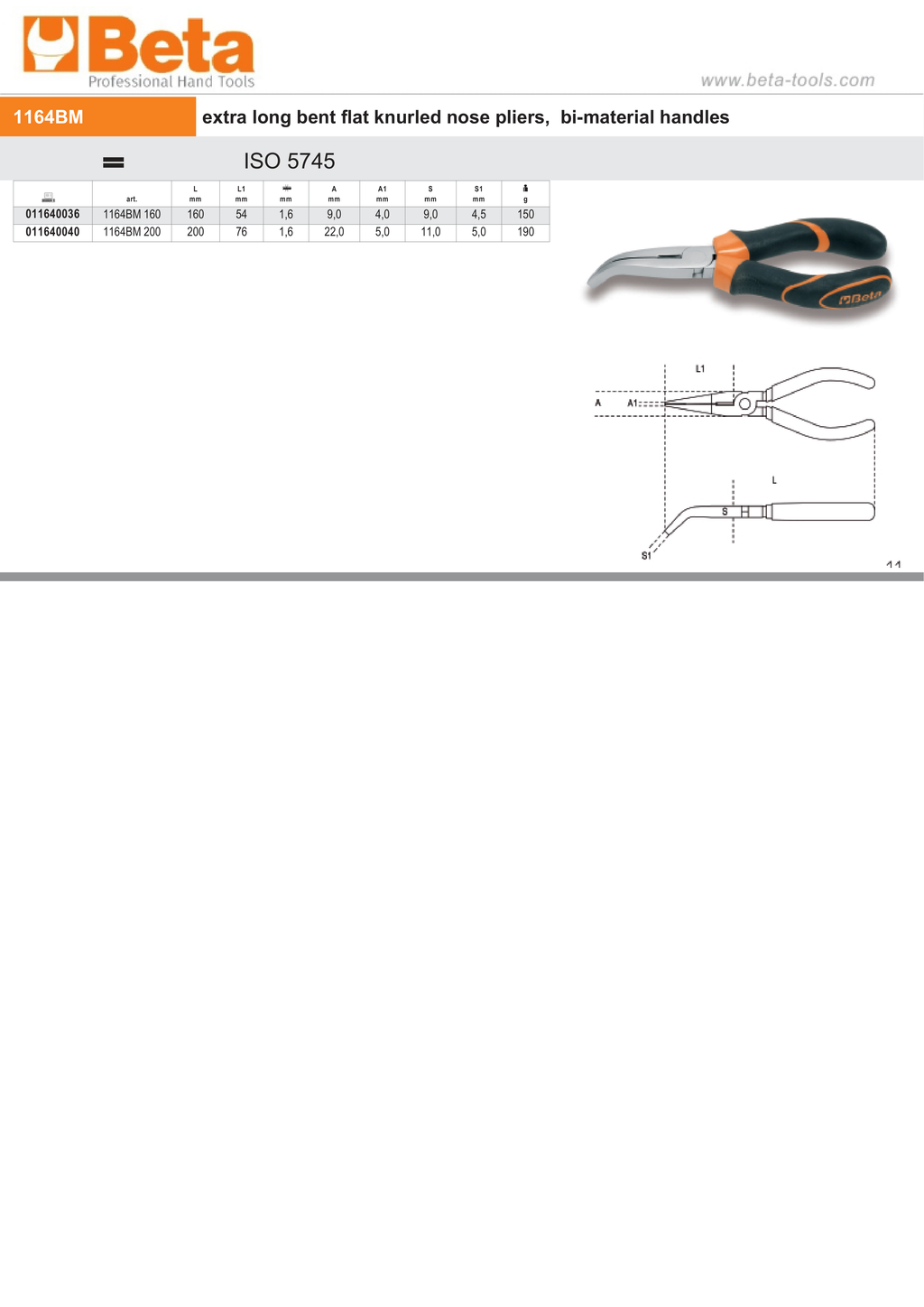 Extra-Long Bent Flat Knurled Nose Pliers Bi-Material Handles 160mm Length - Beta Tools 1164BM 160