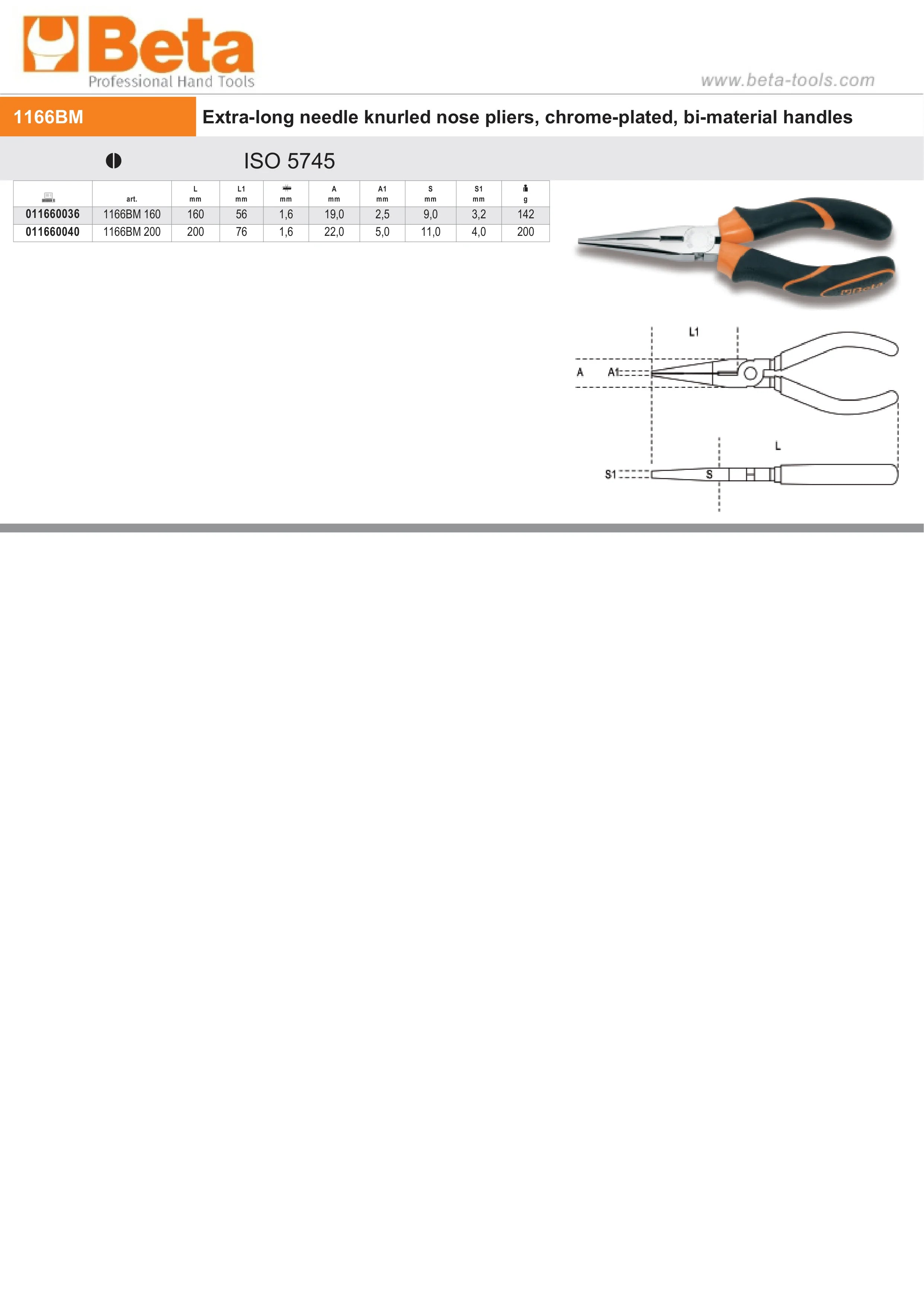 Extra-Long Needle Knurled Nose Pliers Chrome-Plated Bi-Material Handles 160mm Length - Beta Tools 1166BM 160