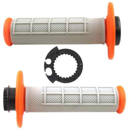 LOCK ON GRIP SET 03-15 KTM HUSQ, HALF WAFFLE SOFT GREY/ORANGE, ODI STYLE, FIR -