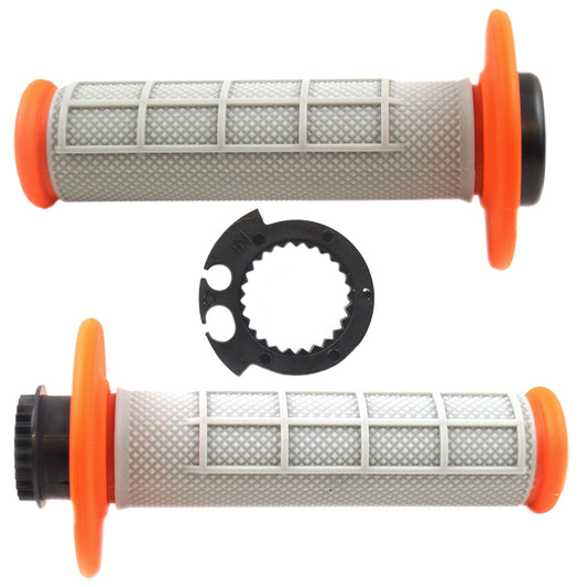 LOCK ON GRIP SET 03-15 KTM HUSQ, HALF WAFFLE SOFT GREY/ORANGE, ODI STYLE, FIR -